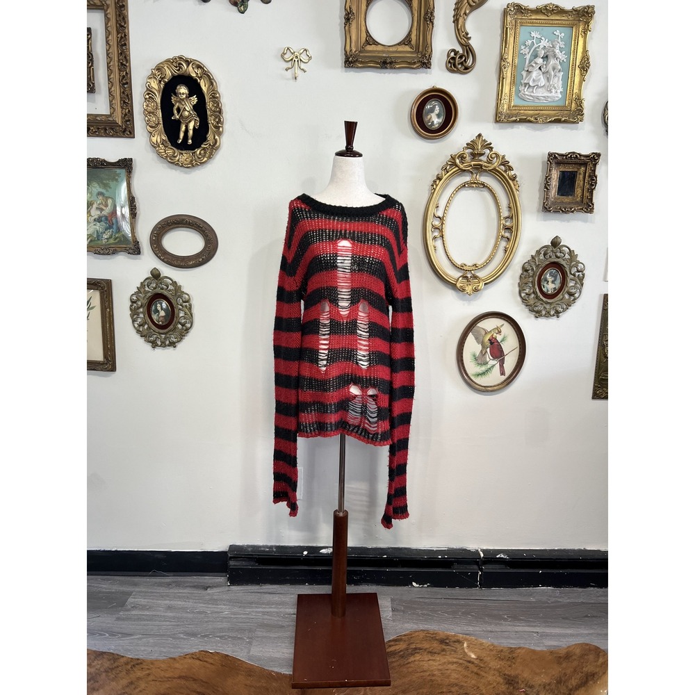 Tripp NYC by Daang Goodman Red & Black Striped Open Knit Sweater Size XL